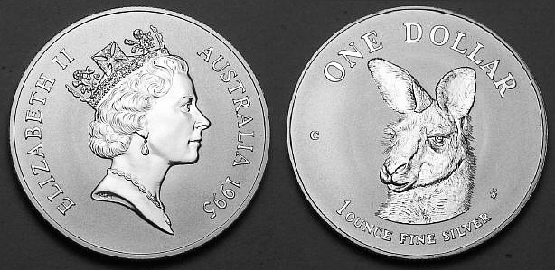 Picture of a 1 ounce Australian 1995 silver Kangaroo 1 Dollar