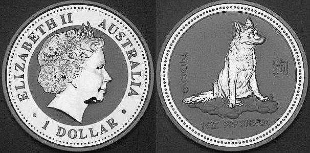 Picture of an Australian 2006 1 ounce silver 1 Dollar Lunar Dog