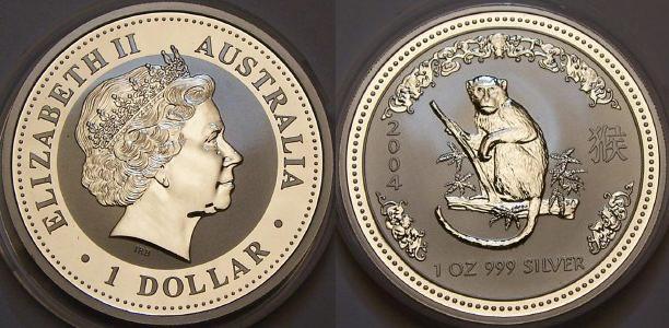 Picture of an Australian 2004 1 ounce silver 1 Dollar Lunar Monkey from lainson.eu