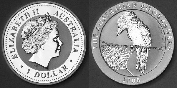 Picture of a 1 ounce Australian 2008 silver Kookaburra 1 Dollar