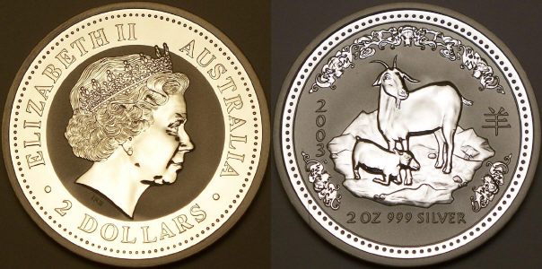 Picture of an Australian 2003 2 ounce silver 2 Dollar Lunar goat from lainson.eu