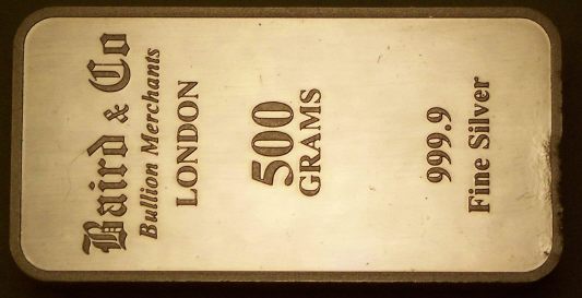 Image of a 500 gramme silver United Kingdom Baird of London ingot