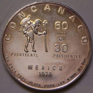 Coin picture of reverse of a 1 ounce silver Yiacatecutli Comercio of Mexico medal 1978