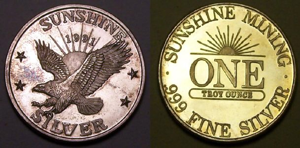 Coin picture of a 1 ounce silver Sunshine Mining Eagle US 1991