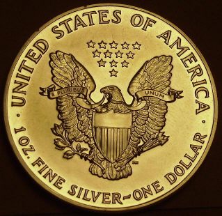 Coin picture of reverse of a 1 ounce silver United States Eagle 1 Dollar 1990