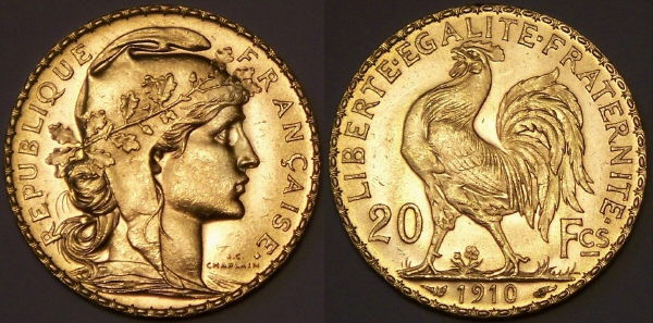 French 20 Franc gold rooster coin from www.lainson.eu