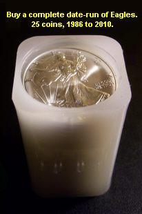 Coin picture of a full year run of 25 x 1 ounce silver Eagles 1 Dollar USA