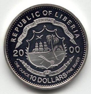 Picture of obverse of a 1 ounce silver Liberia Greenwich Meridian 10 Dollars 2000