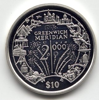 Picture of reverse of a 1 ounce silver Liberia Greenwich Meridian 10 Dollars 2000