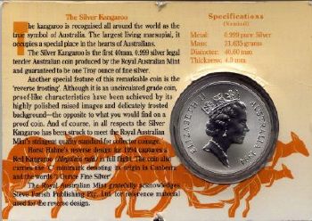 Picture of obverse of a 1 ounce Australian 1994 carded silver Kangaroo 1 Dollar