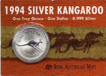 Picture of reverse of an Australian 1994 carded silver Kangaroo 1 Dollar