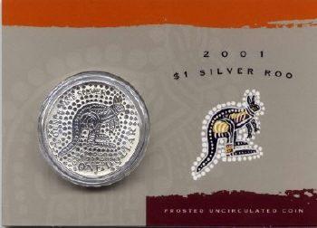 Picture of reverse of an Australian 2001 carded silver Kangaroo 1 Dollar