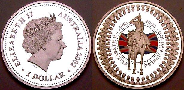 Image of a 2002 golden jubilee silver 1 dollar Australian coin from www.lainson.eu