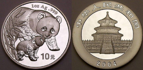 Picture of a 2004 1 ounce Chinese silver Panda coin 