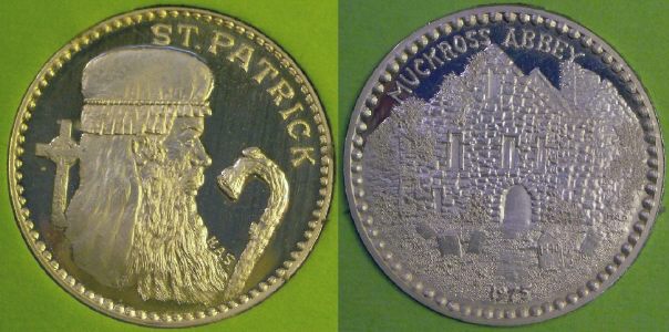 Coin picture of a 1 ounce silver Ireland Irish Saint St. Patrick Muckross Abbey medal 1975