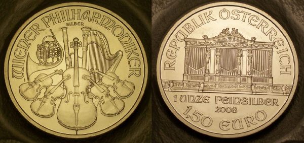 Picture of a 1 ounce Austrian silver philharmoniker 1.5 Euros