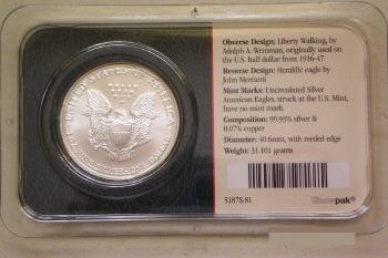Coin picture of reverse of a 1 ounce silver US Eagle 1 Dollar 2004 sealed version