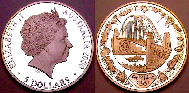 Image of the 2000 Sydney Harbour Bridge colourized 5 Dollar siver coin from www.lainson.eu