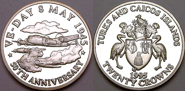 Picture of a Turks and Caicos 20 Crowns 1 ounce .999 silver VE Day  coin from www.lainson.eu